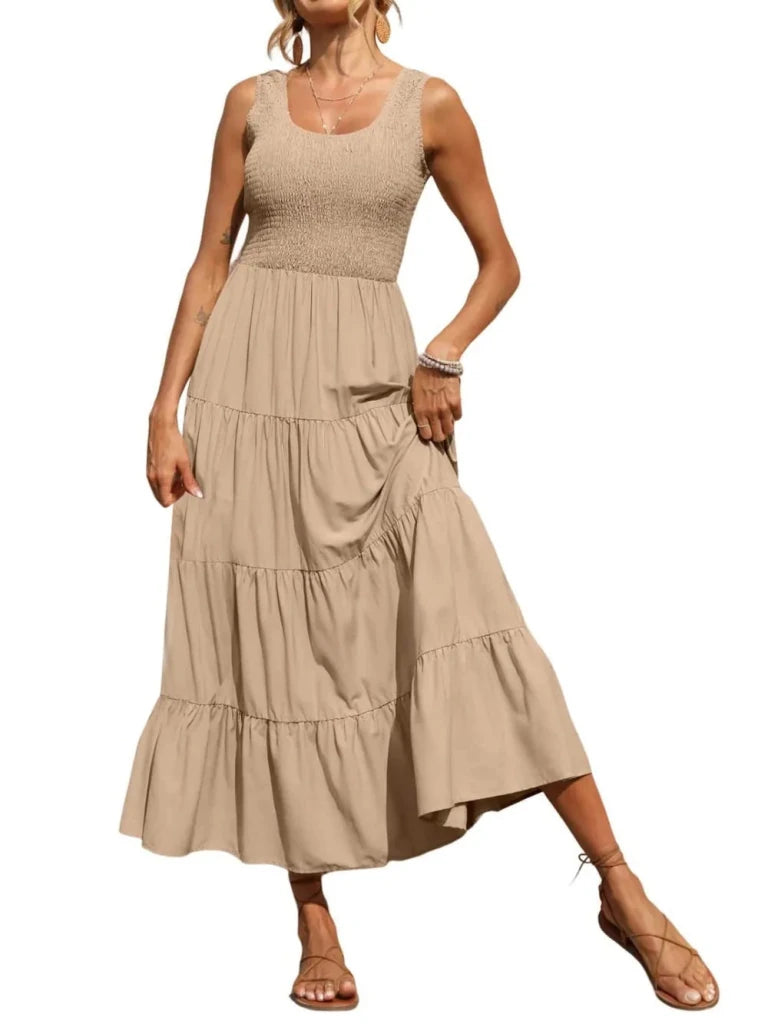Tiered Smocked Wide Strap Dress - Khaki by Trendsi from FREYA’S CLOSET