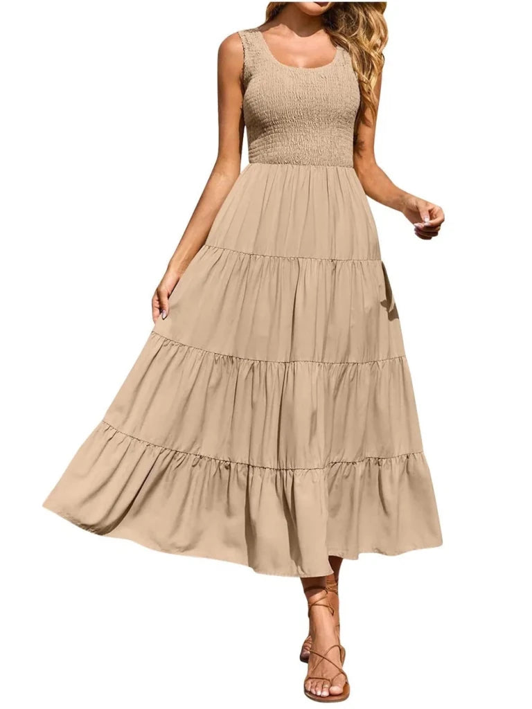 Tiered Smocked Wide Strap Dress - Khaki by Trendsi from FREYA’S CLOSET