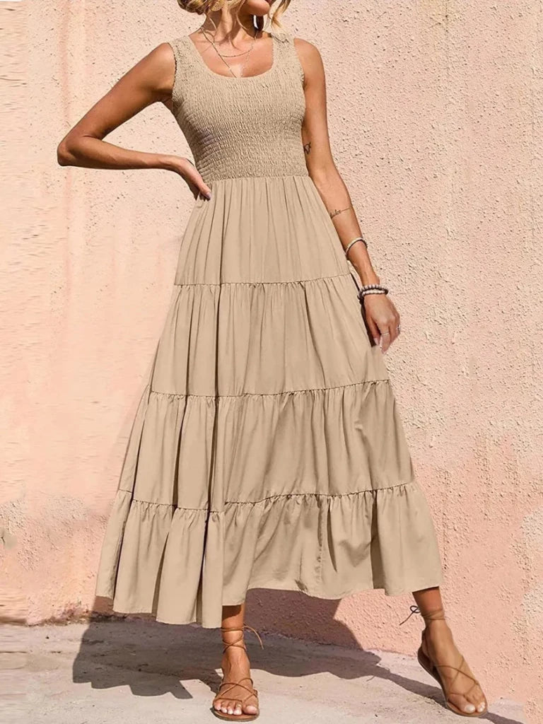 Tiered Smocked Wide Strap Dress - Khaki by Trendsi from FREYA’S CLOSET