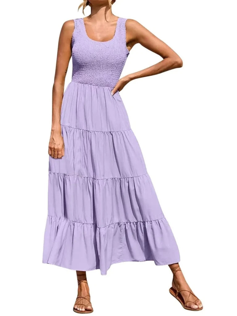 Tiered Smocked Wide Strap Dress - Lavender by Trendsi from FREYA’S CLOSET