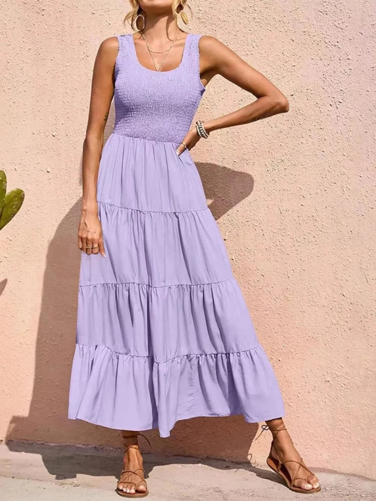 Tiered Smocked Wide Strap Dress - Lavender by Trendsi from FREYA’S CLOSET