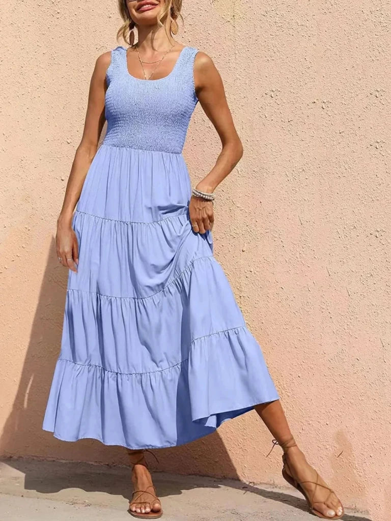 Tiered Smocked Wide Strap Dress - Light Blue by Trendsi from FREYA’S CLOSET