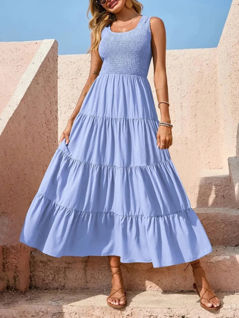 Tiered Smocked Wide Strap Dress - Light Blue by Trendsi from FREYA’S CLOSET