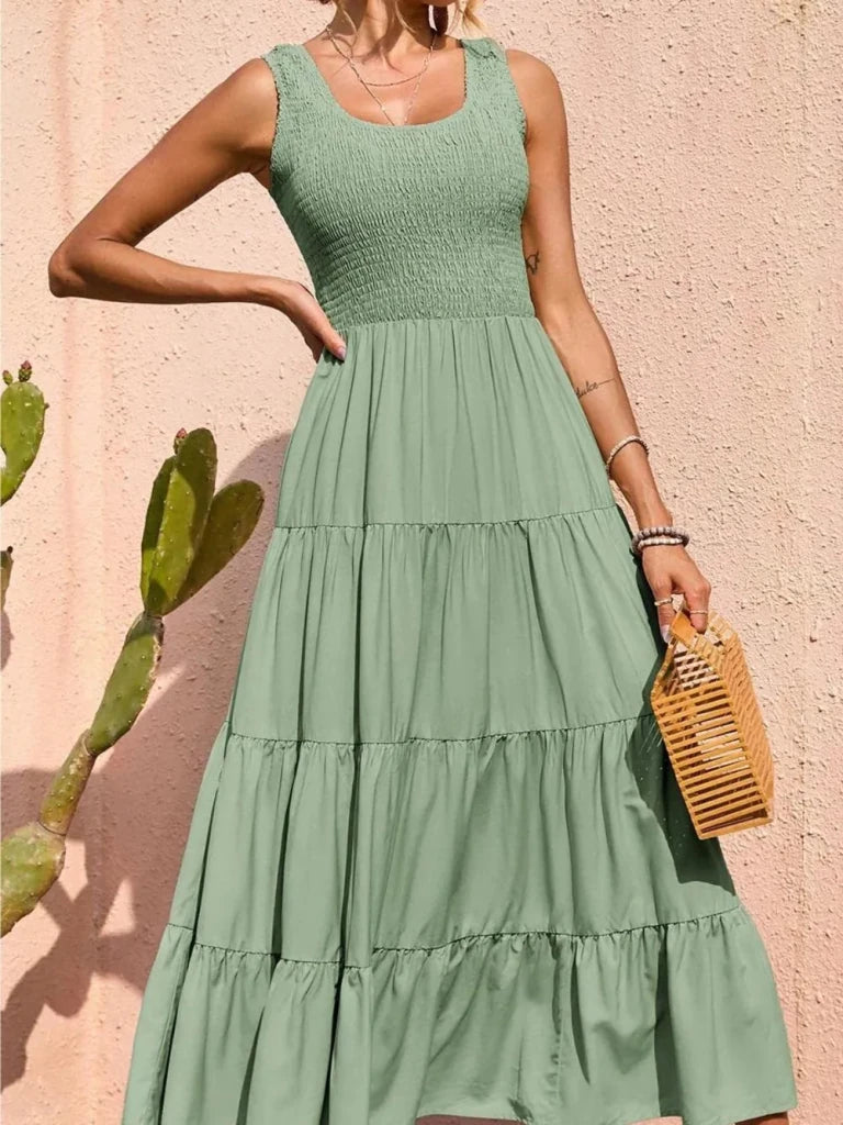 Tiered Smocked Wide Strap Dress - Light Green by Trendsi from FREYA’S CLOSET