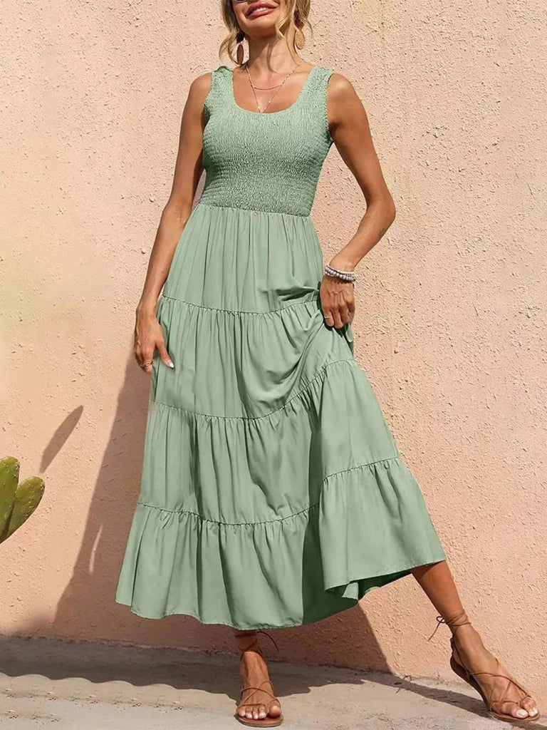 Tiered Smocked Wide Strap Dress - Light Green by Trendsi from FREYA’S CLOSET