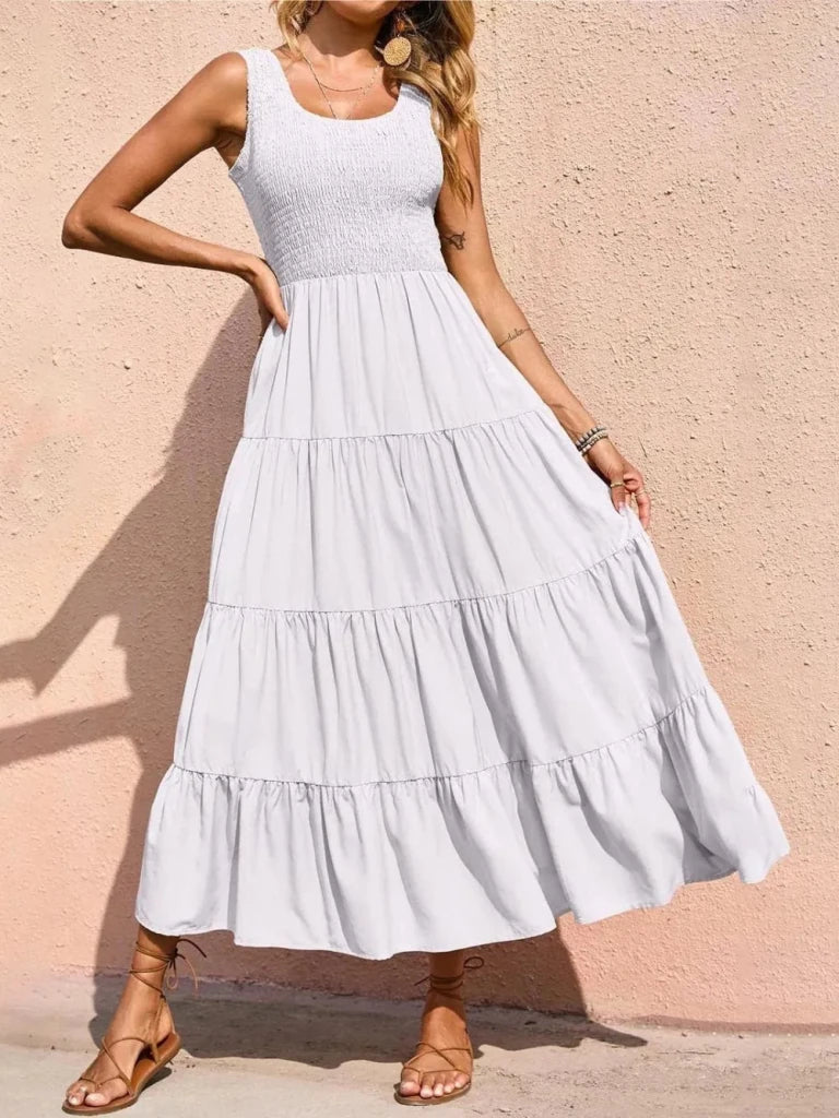 Tiered Smocked Wide Strap Dress - White by Trendsi from FREYA’S CLOSET