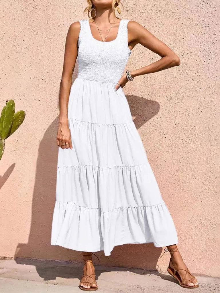 Tiered Smocked Wide Strap Dress - White by Trendsi from FREYA’S CLOSET