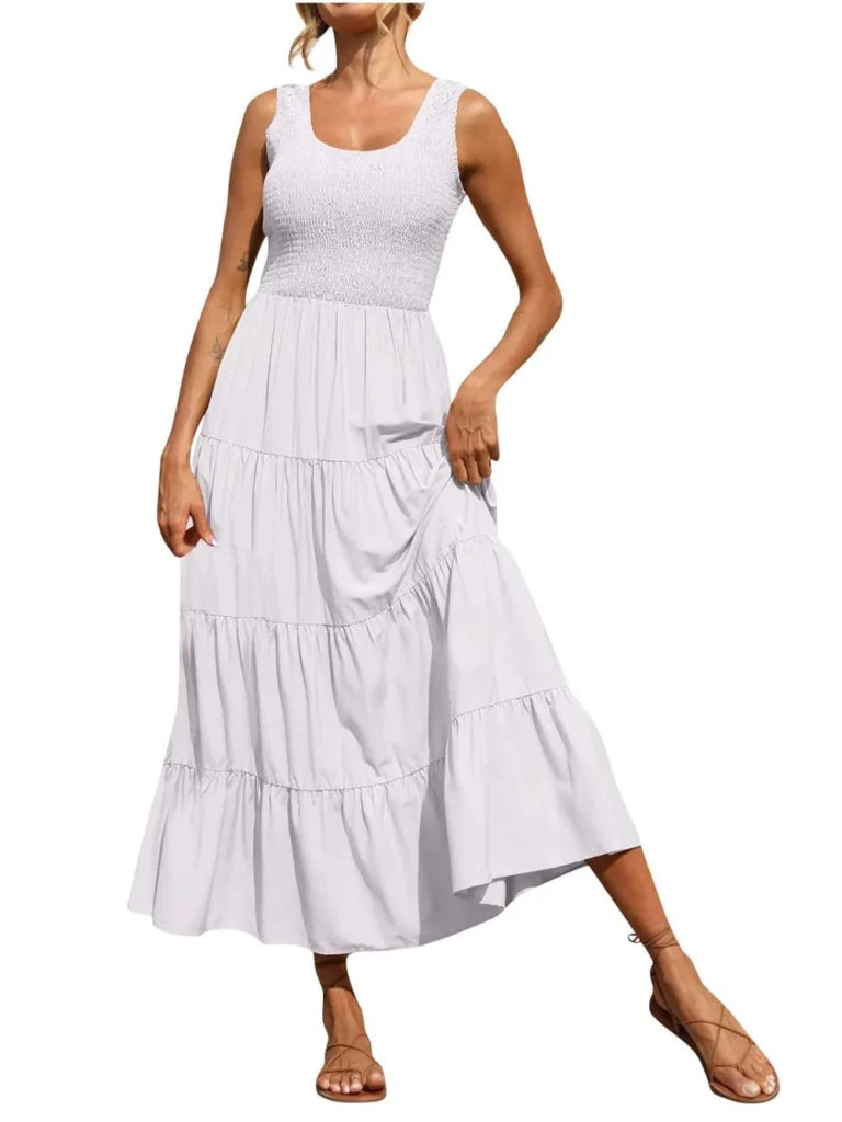 Tiered Smocked Wide Strap Dress - White by Trendsi from FREYA’S CLOSET