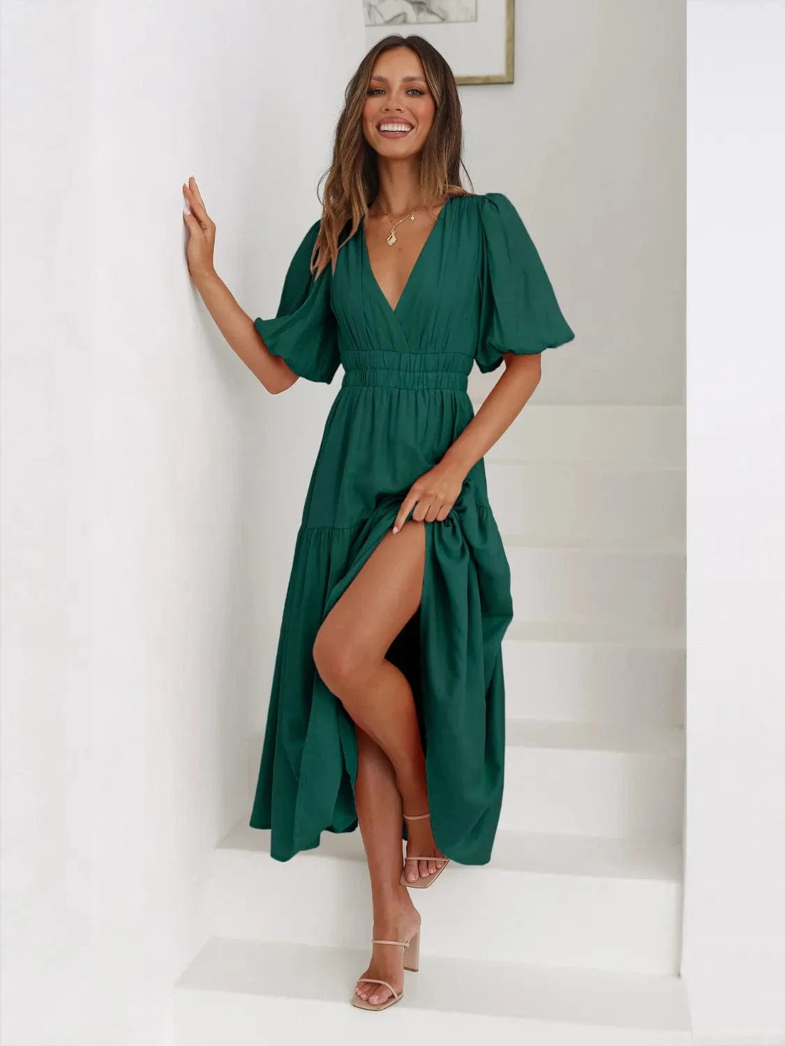 Trendsi Dark Green / S Tiered Surplice Half Sleeve Midi Dress