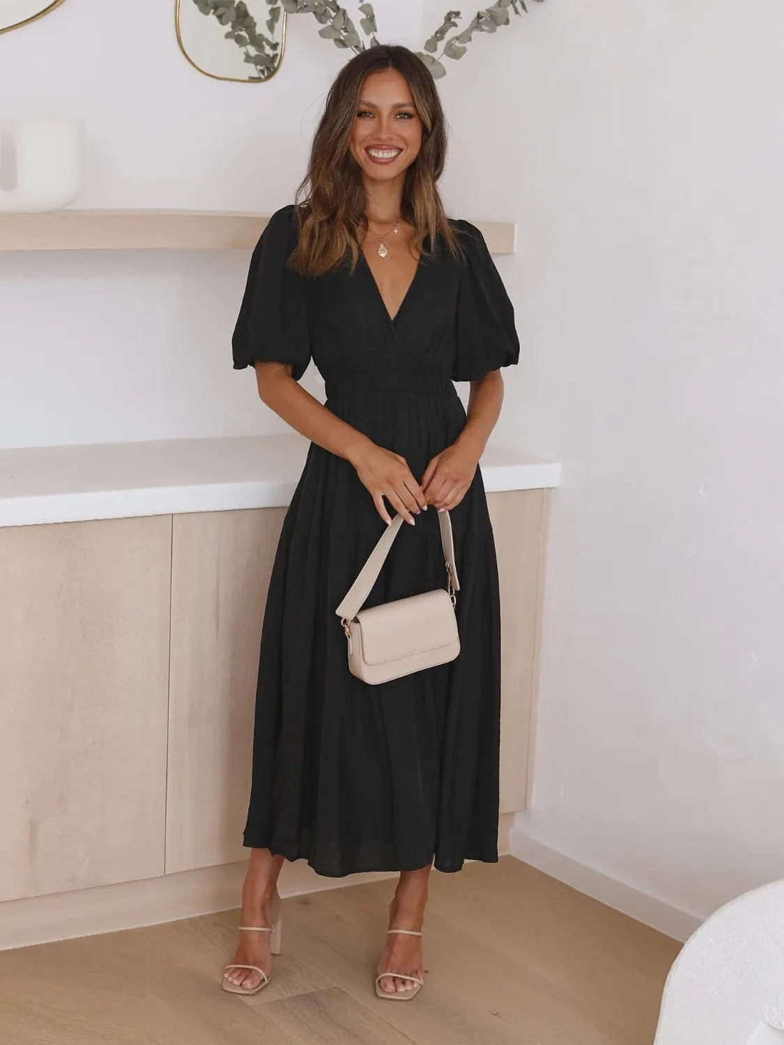 Trendsi Black / S Tiered Surplice Half Sleeve Midi Dress
