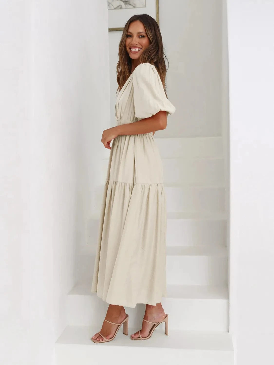 Trendsi Tiered Surplice Half Sleeve Midi Dress