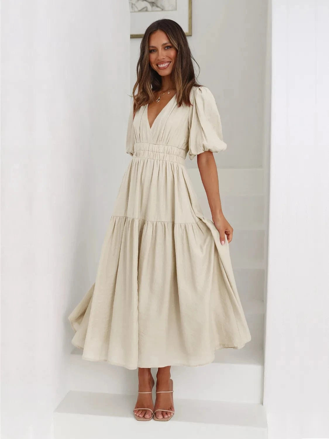 Trendsi Beige / S Tiered Surplice Half Sleeve Midi Dress
