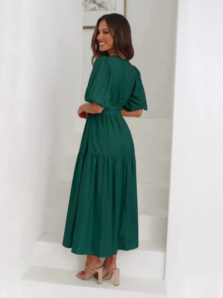 Tiered Surplice Half Sleeve Midi Dress - Dark Green by Trendsi from FREYA’S CLOSET