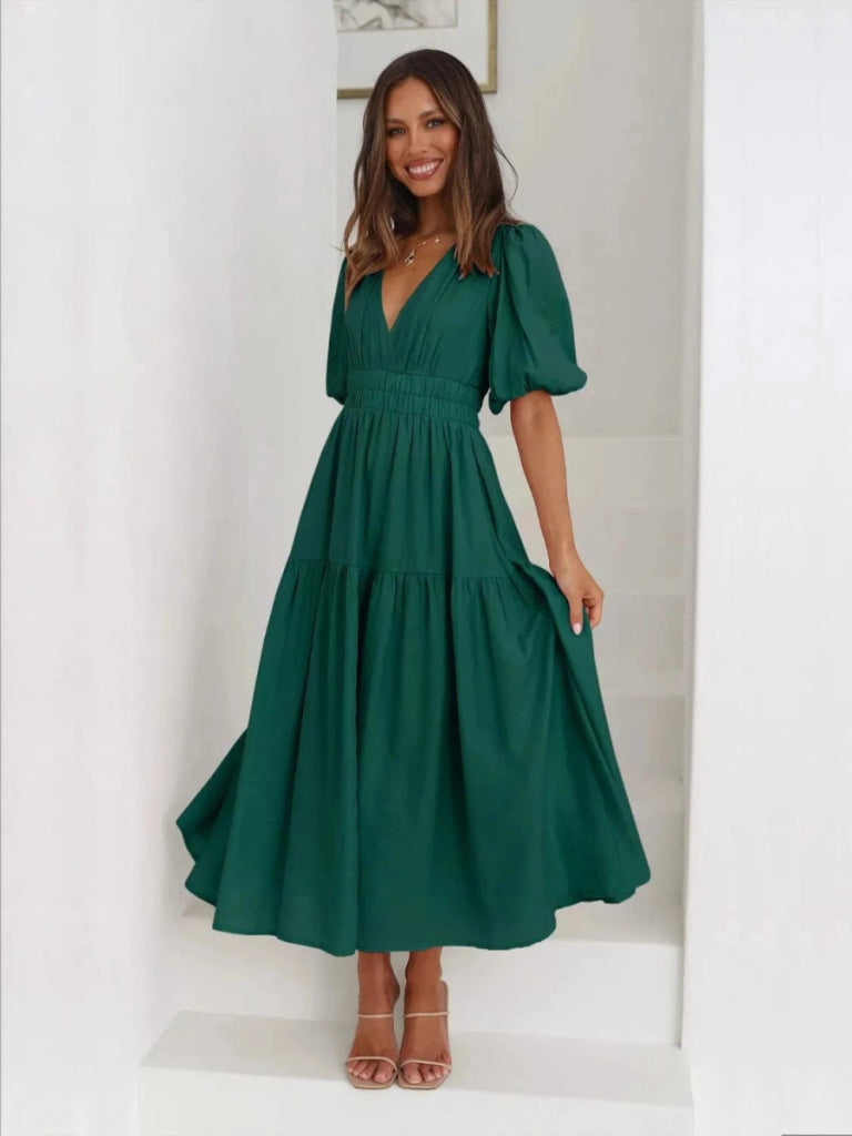 Tiered Surplice Half Sleeve Midi Dress - Dark Green by Trendsi from FREYA’S CLOSET