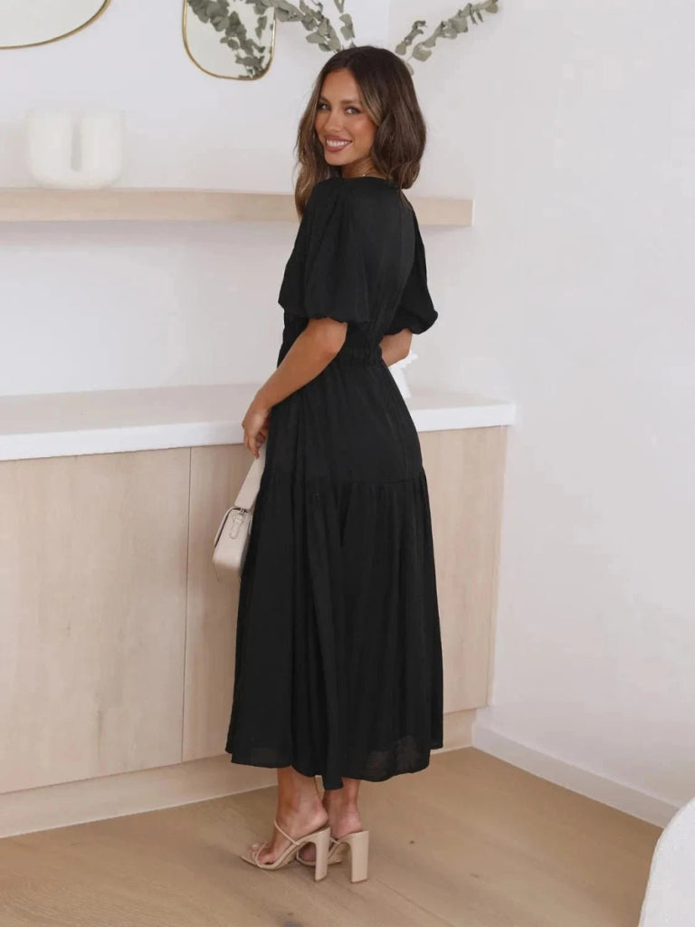 Tiered Surplice Half Sleeve Midi Dress - Black by Trendsi from FREYA’S CLOSET