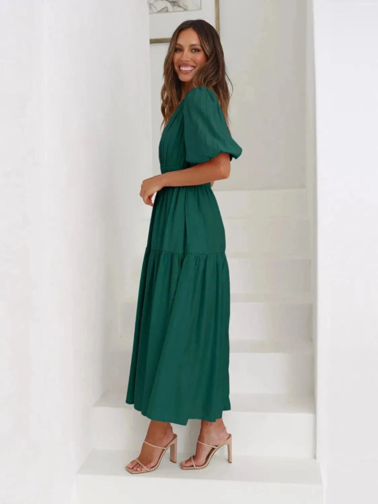 Tiered Surplice Half Sleeve Midi Dress - Dark Green by Trendsi from FREYA’S CLOSET