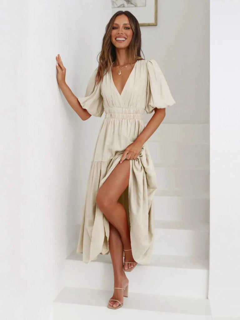 Tiered Surplice Half Sleeve Midi Dress - Beige by Trendsi from FREYA’S CLOSET