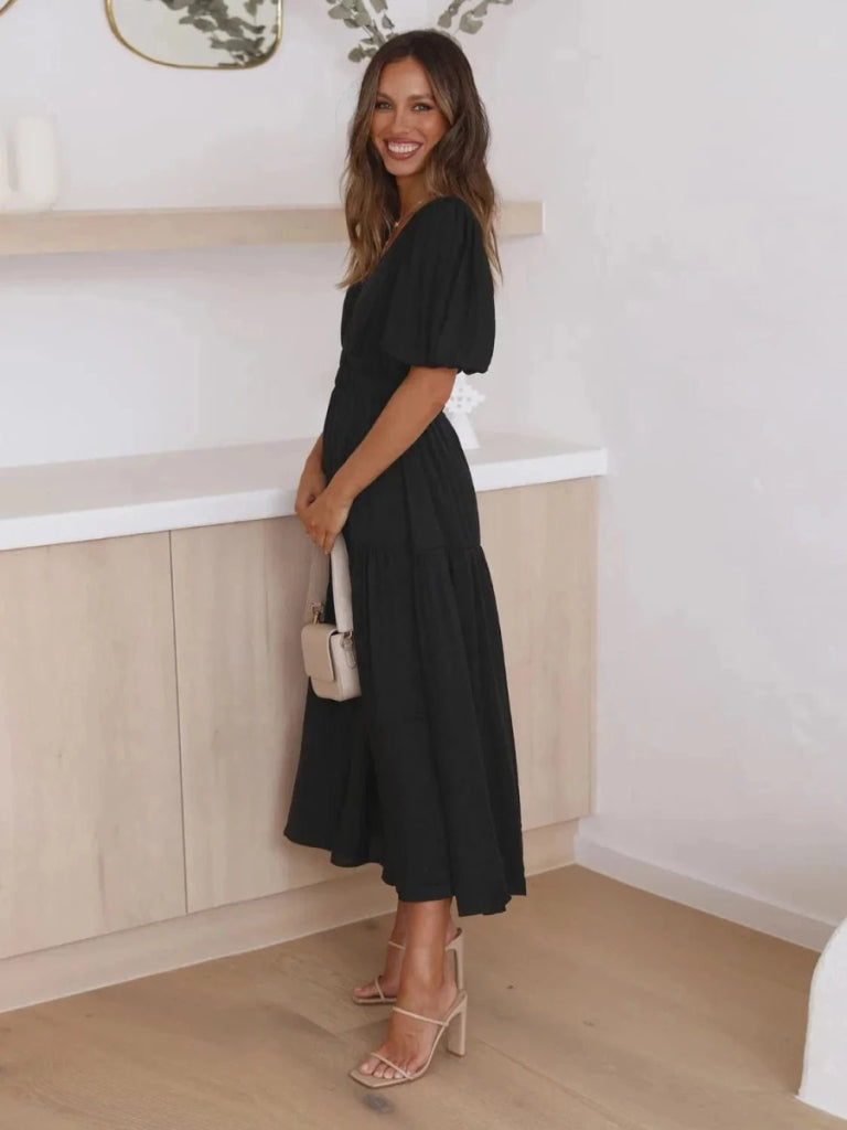 Tiered Surplice Half Sleeve Midi Dress - Black by Trendsi from FREYA’S CLOSET