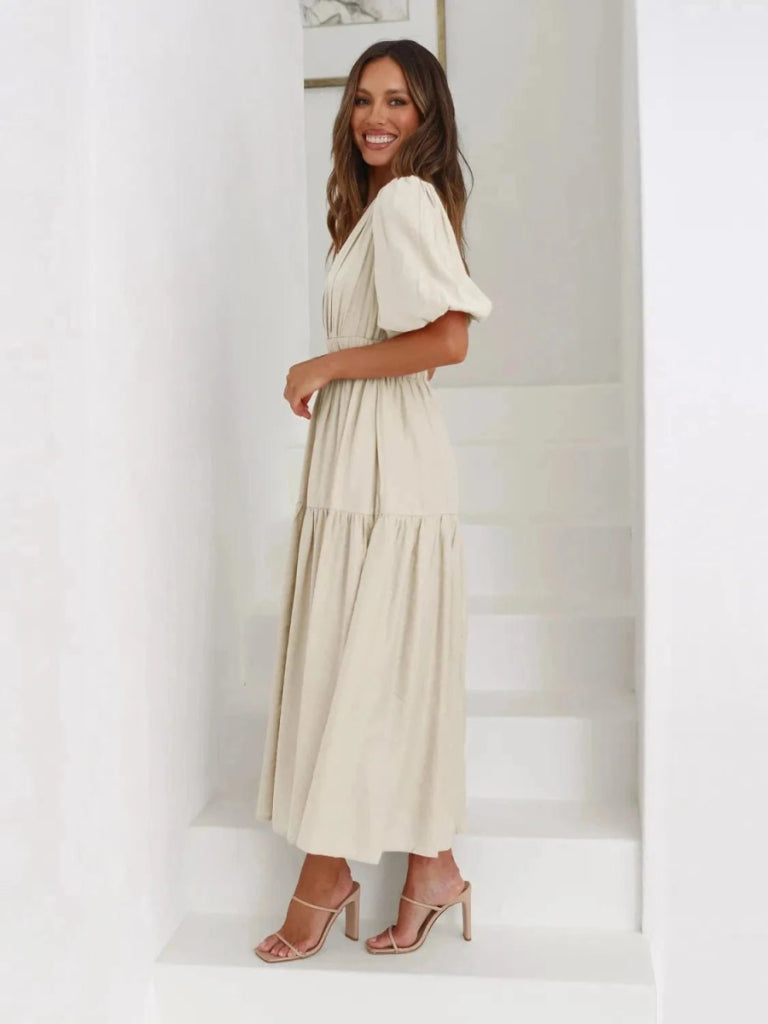 Tiered Surplice Half Sleeve Midi Dress - Beige by Trendsi from FREYA’S CLOSET