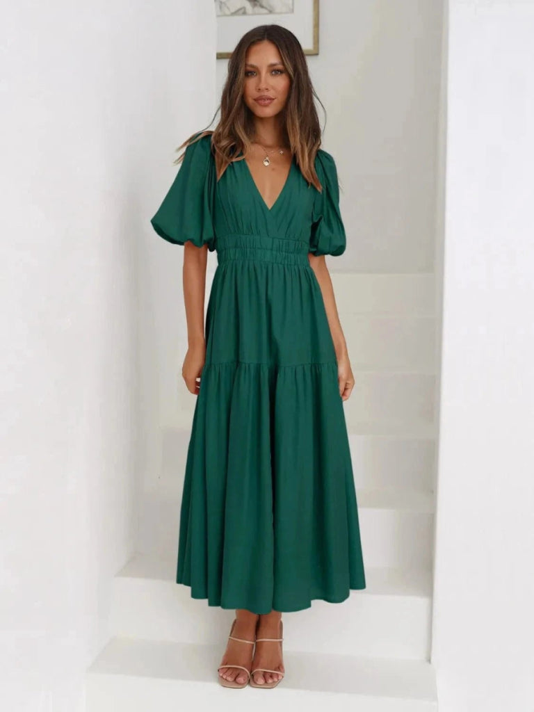 Tiered Surplice Half Sleeve Midi Dress - Dark Green by Trendsi from FREYA’S CLOSET