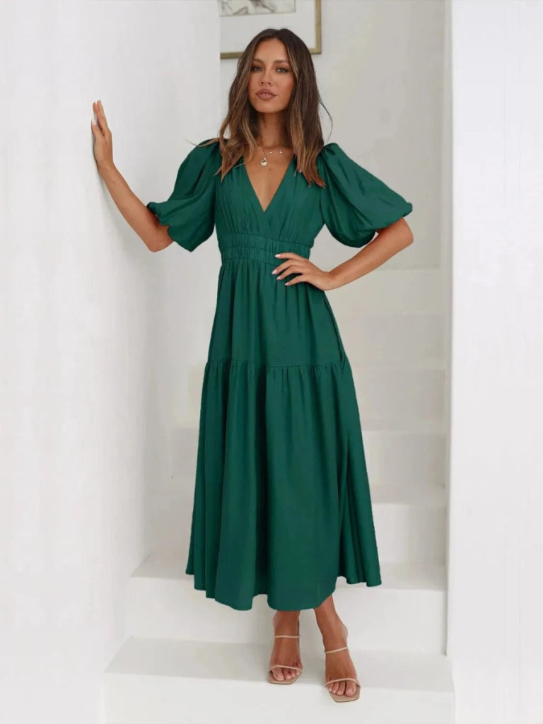 Tiered Surplice Half Sleeve Midi Dress - Dark Green by Trendsi from FREYA’S CLOSET