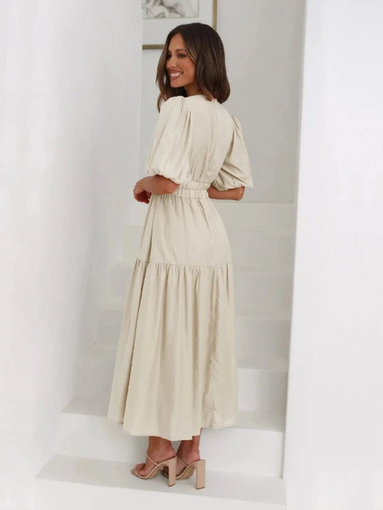 Tiered Surplice Half Sleeve Midi Dress - Beige by Trendsi from FREYA’S CLOSET