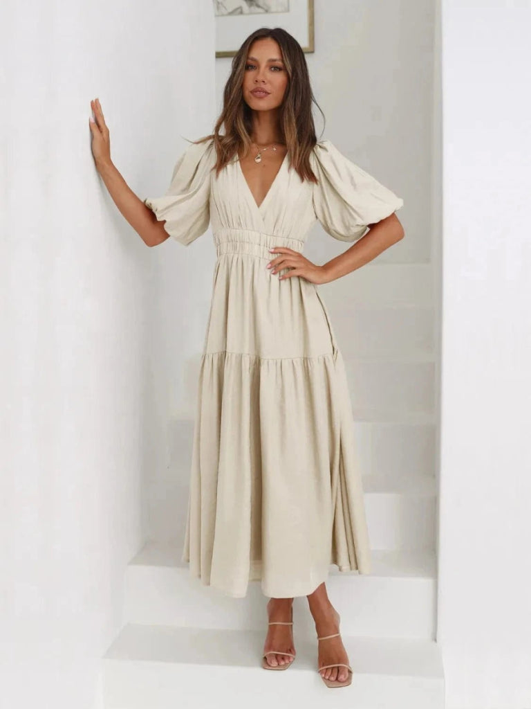 Tiered Surplice Half Sleeve Midi Dress - Beige by Trendsi from FREYA’S CLOSET