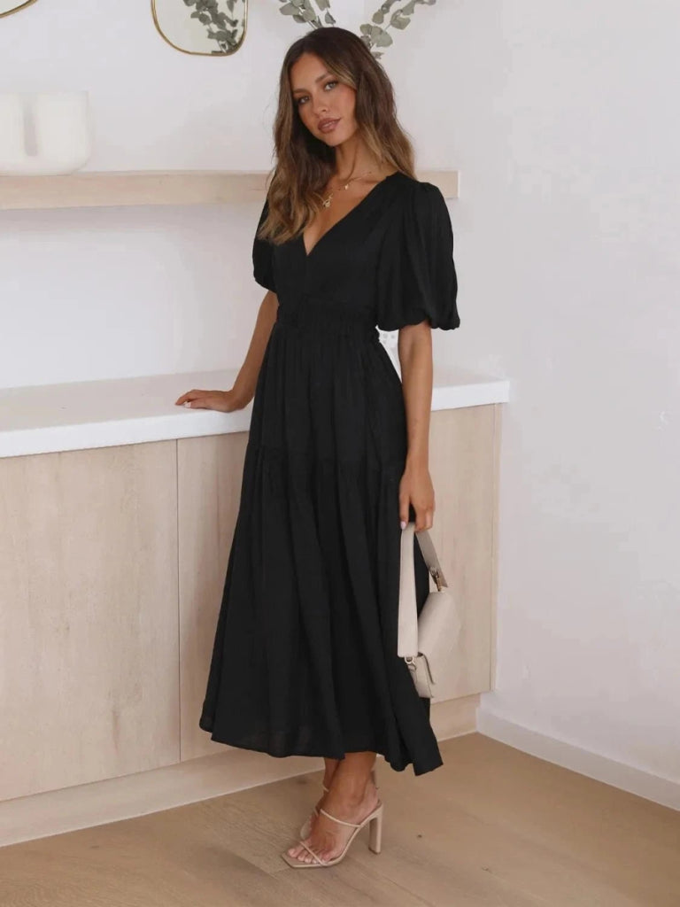 Tiered Surplice Half Sleeve Midi Dress - Black by Trendsi from FREYA’S CLOSET