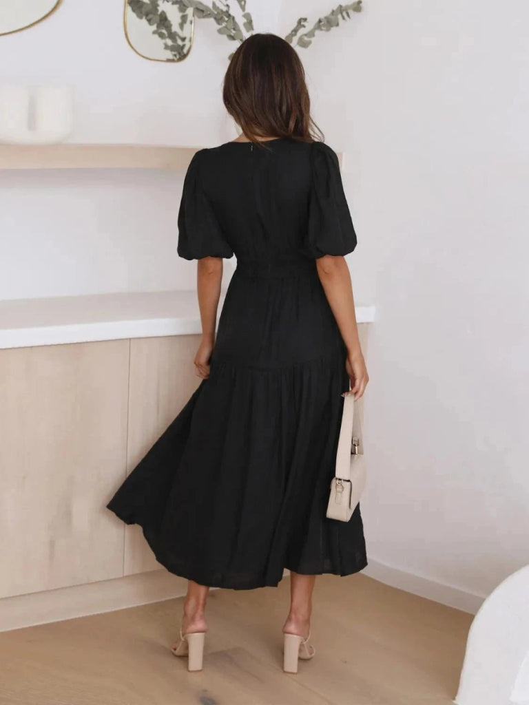 Tiered Surplice Half Sleeve Midi Dress - Black by Trendsi from FREYA’S CLOSET