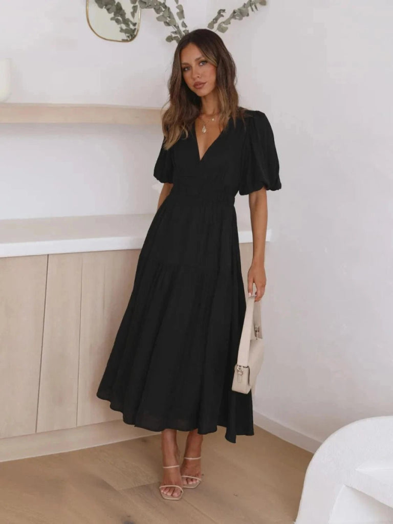 Tiered Surplice Half Sleeve Midi Dress - Black by Trendsi from FREYA’S CLOSET