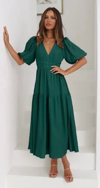 Tiered Surplice Half Sleeve Midi Dress - Beige by Trendsi from FREYA’S CLOSET