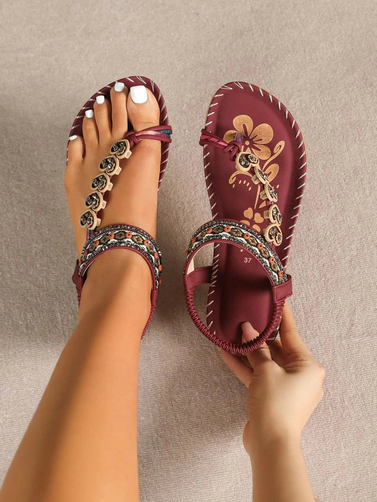 Trendsi Shoes Deep Red / 35(US4) Toe Loop PU Leather Flats Sandals