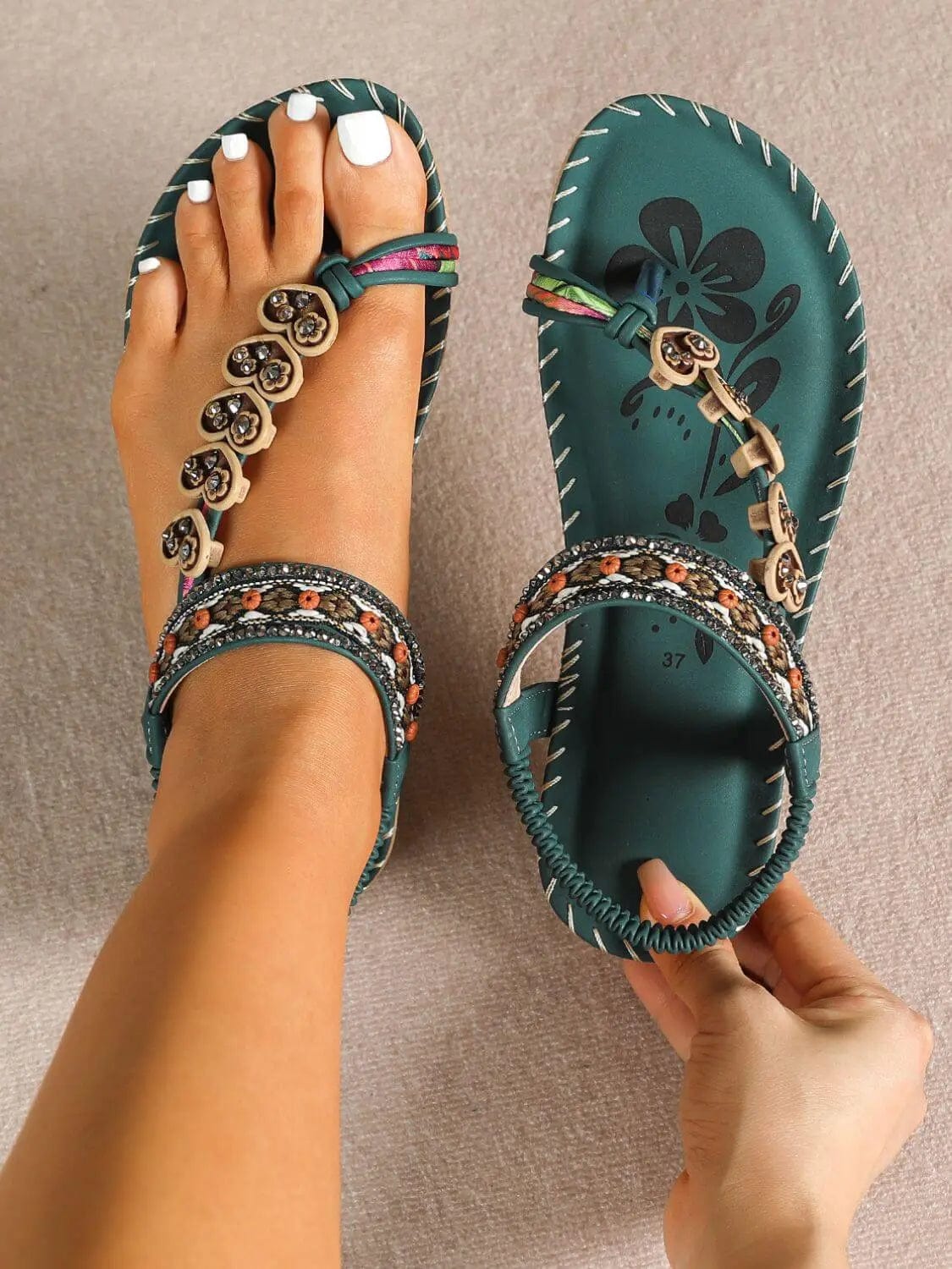 Trendsi Shoes Dark Green / 35(US4) Toe Loop PU Leather Flats Sandals