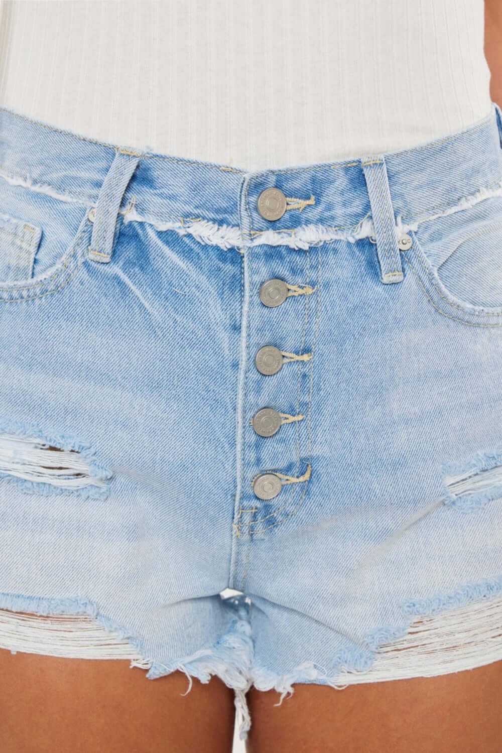 Trendsi Bottoms Kancan Distressed Button Fly Denim Shorts Kancan Distressed Button Fly Denim Shorts