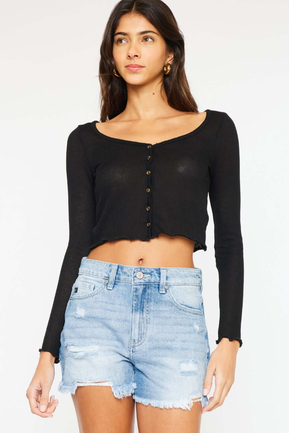 Trendsi Bottoms Kancan High Waist Frayed Denim Shorts Kancan High Waist Frayed Denim Shorts