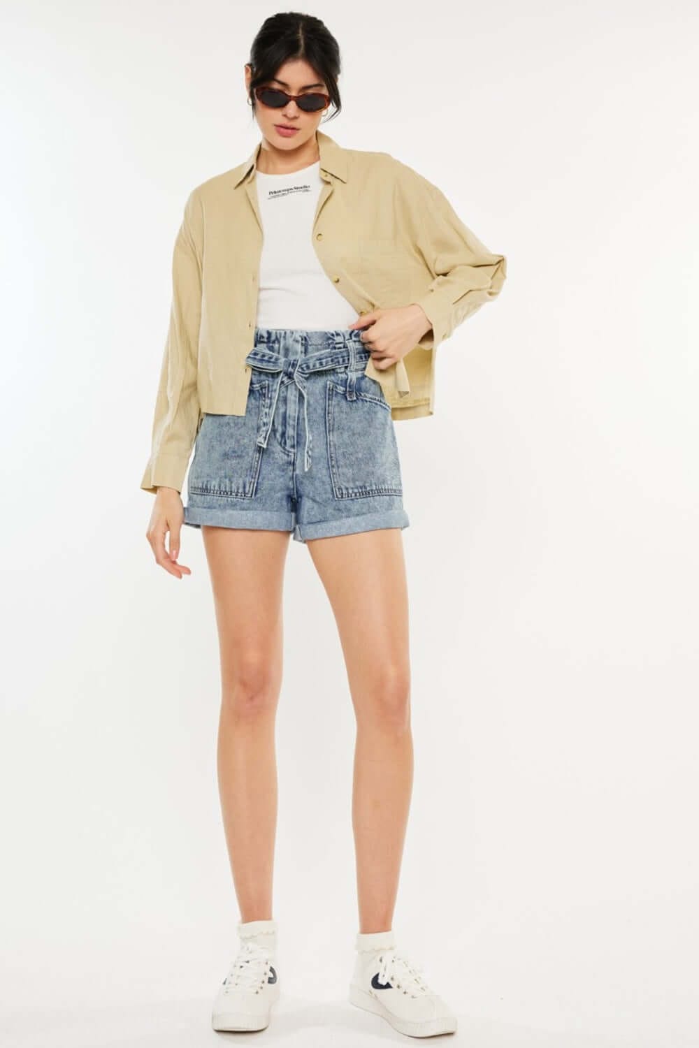 Trendsi Bottoms Medium / 3 Kancan Ultra High Rise Paperbag Denim Shorts Kancan Ultra High Rise Paperbag Denim Shorts