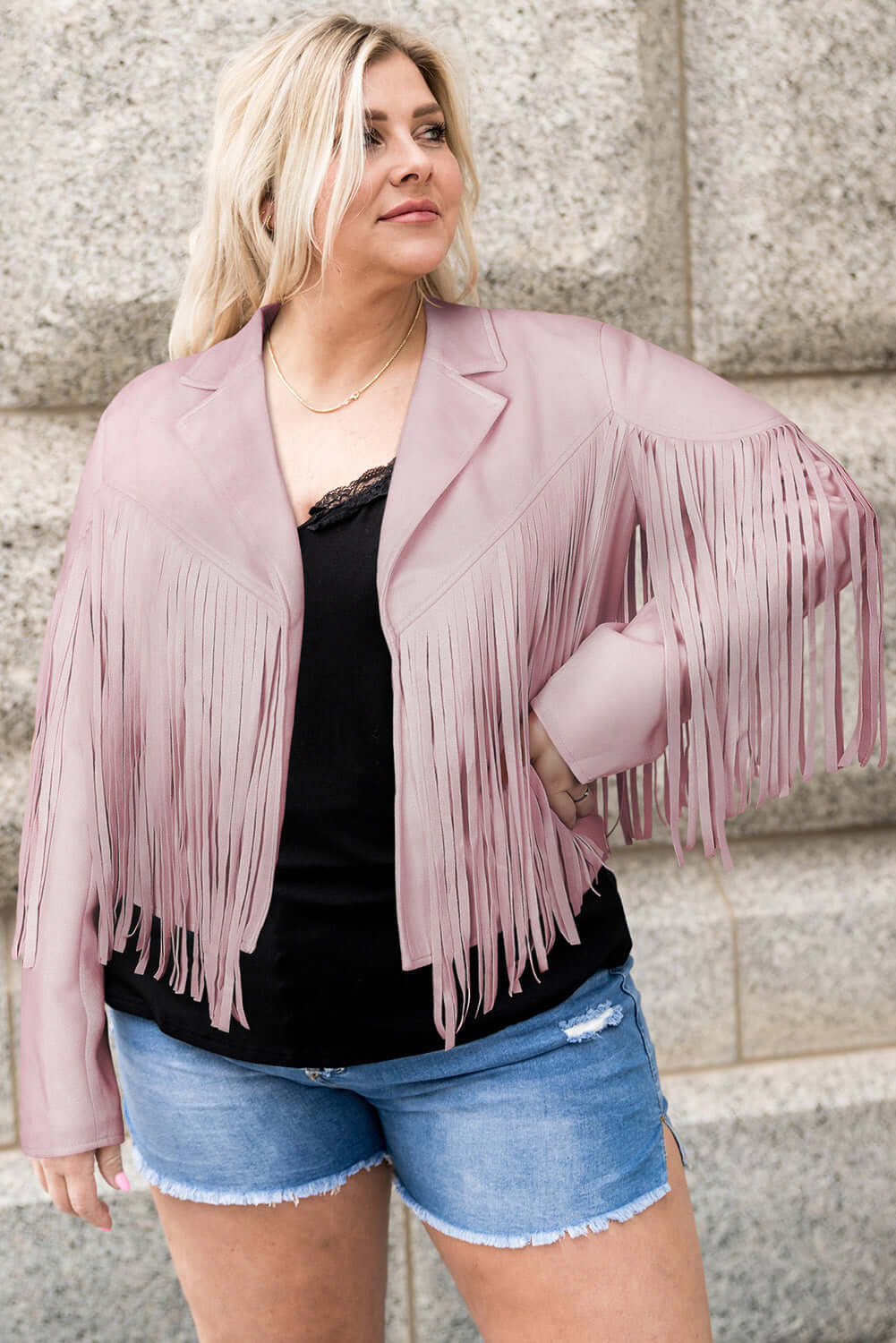 Trendsi Jackets Blush Pink / 1XL Plus Size Fringe Open Front Jacket Plus Size Fringe Open Front Jacket