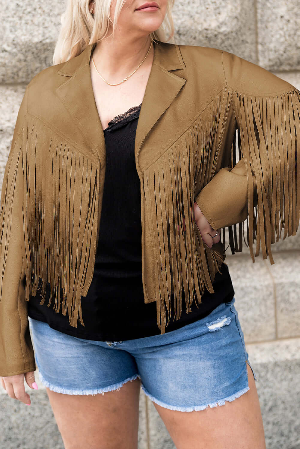 Trendsi Jackets Camel / 1XL Plus Size Fringe Open Front Jacket Plus Size Fringe Open Front Jacket