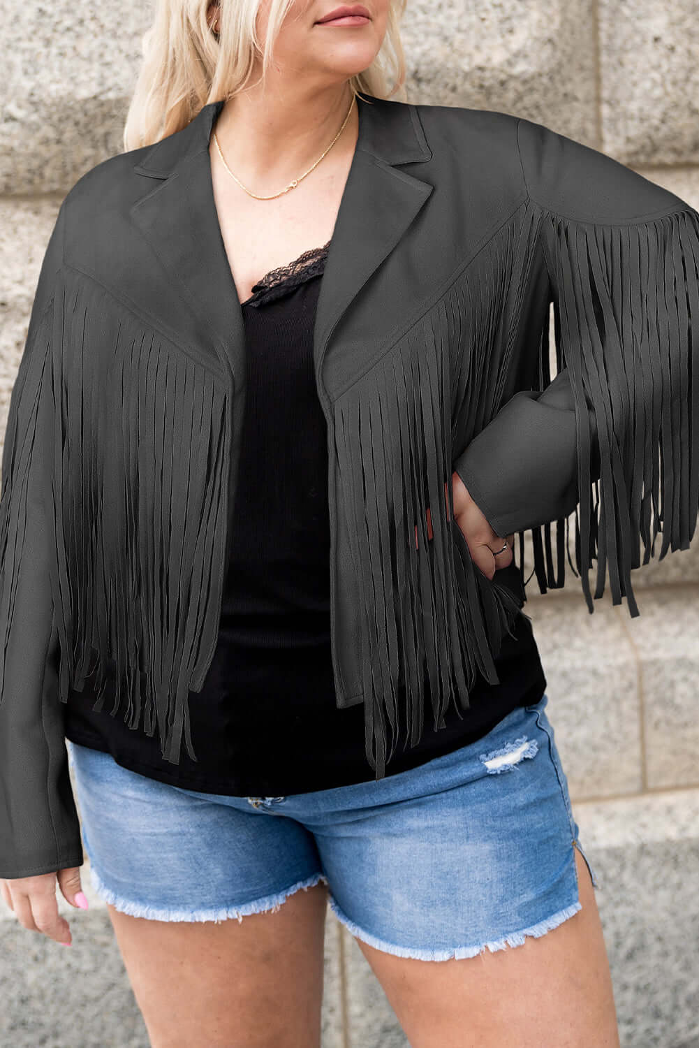 Trendsi Jackets Dark Gray / 1XL Plus Size Fringe Open Front Jacket Plus Size Fringe Open Front Jacket