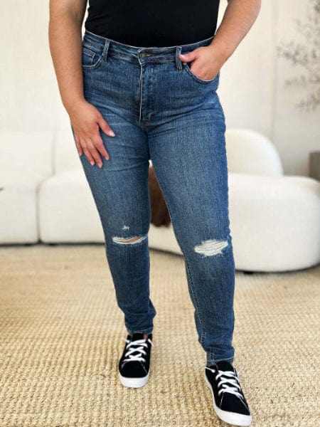 Trendsi Jeans Dark / 0 Judy Blue Full Size Mid Waist Distressed Slim Jeans Judy Blue Full Size Mid Waist Distressed Slim Jeans