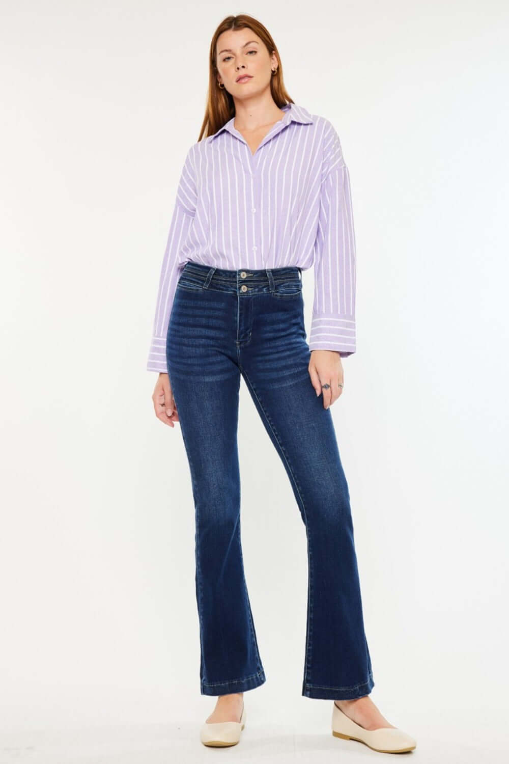 Trendsi Jeans Dark / 1 Kancan High Rise Double Waistband Flare Jeans Kancan High Rise Double Waistband Flare Jeans