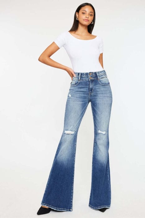 Trendsi Jeans Dark / 1 Kancan High Rise Wide Waistband Flare Jeans Kancan High Rise Flare Jeans - Trendy Denim Style