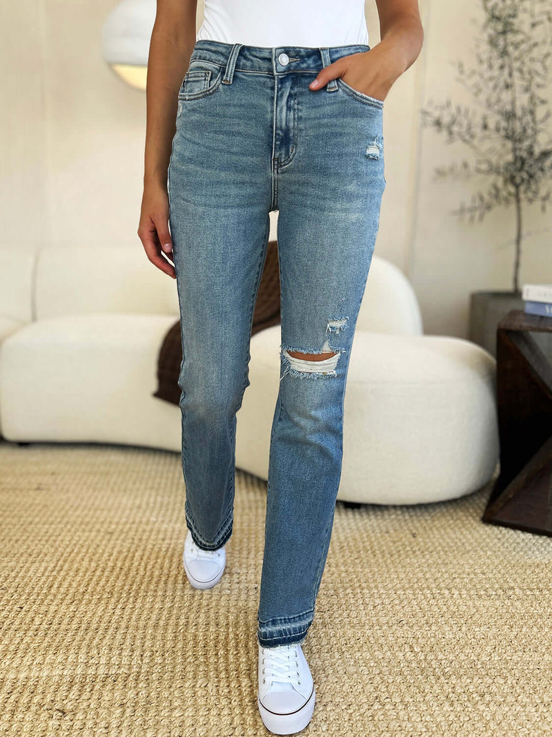 Trendsi Jeans Judy Blue Full Size Mid Rise Destroyed Hem Distressed Jeans Judy Blue Full Size Mid Rise Destroyed Hem Distressed Jeans