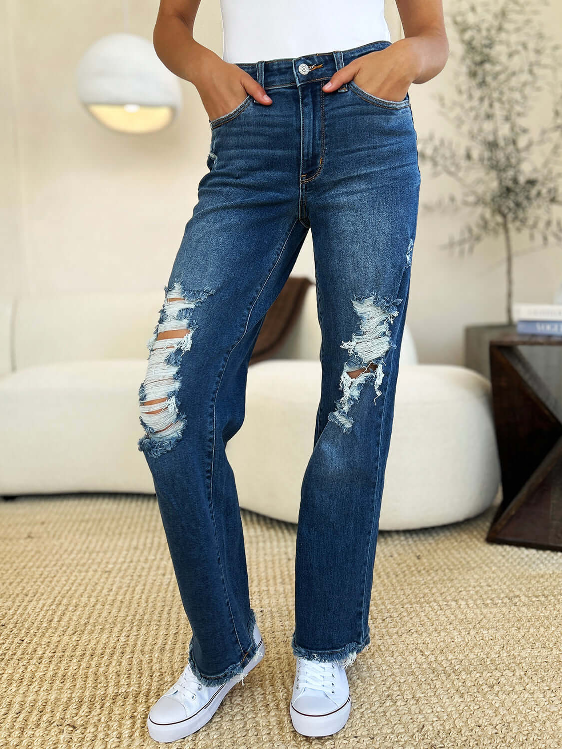 Trendsi Jeans Judy Blue Full Size Mid Rise Distressed Raw Hem Jeans Judy Blue Full Size Mid Rise Distressed Raw Hem Jeans