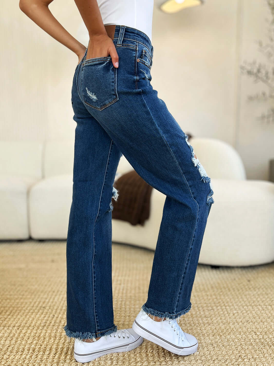 Trendsi Jeans Judy Blue Full Size Mid Rise Distressed Raw Hem Jeans Judy Blue Full Size Mid Rise Distressed Raw Hem Jeans