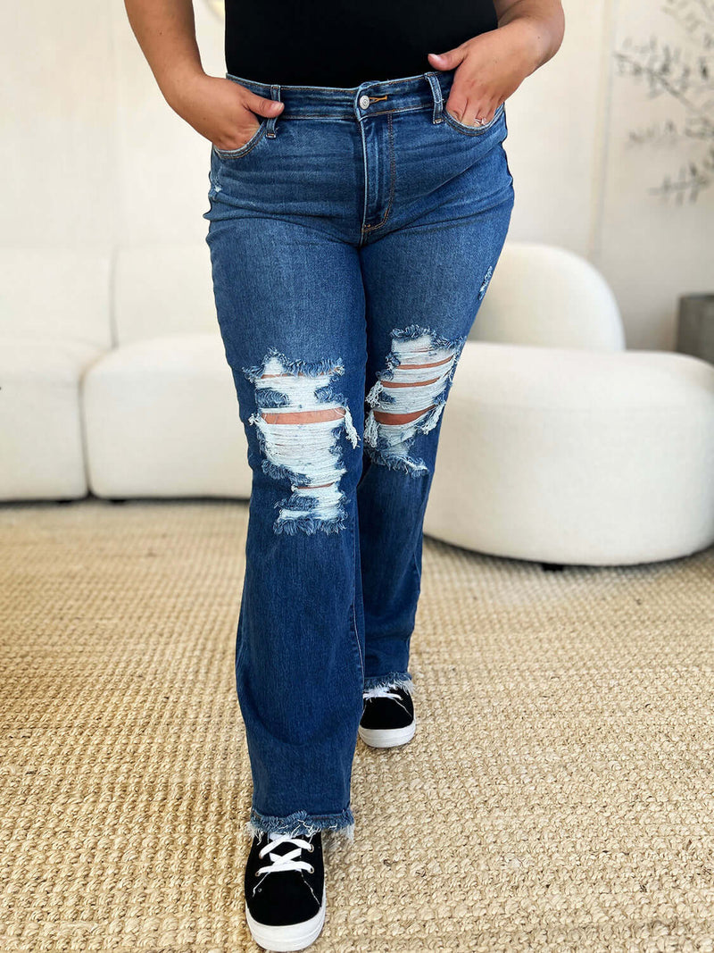 Trendsi Jeans Judy Blue Full Size Mid Rise Distressed Raw Hem Jeans Judy Blue Full Size Mid Rise Distressed Raw Hem Jeans