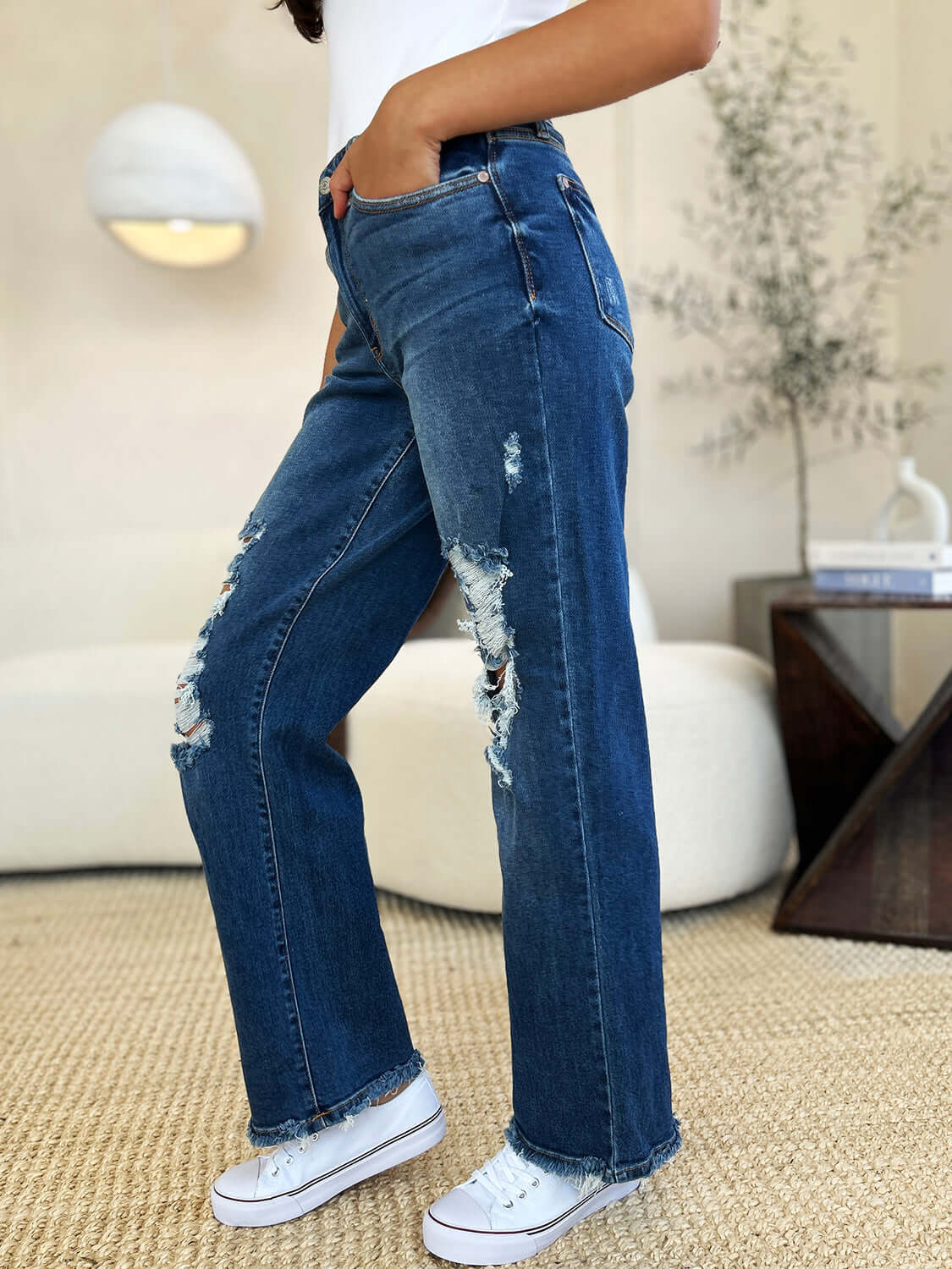 Trendsi Jeans Judy Blue Full Size Mid Rise Distressed Raw Hem Jeans Judy Blue Full Size Mid Rise Distressed Raw Hem Jeans