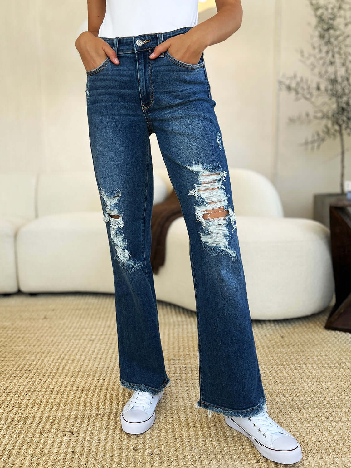 Trendsi Jeans Judy Blue Full Size Mid Rise Distressed Raw Hem Jeans Judy Blue Full Size Mid Rise Distressed Raw Hem Jeans