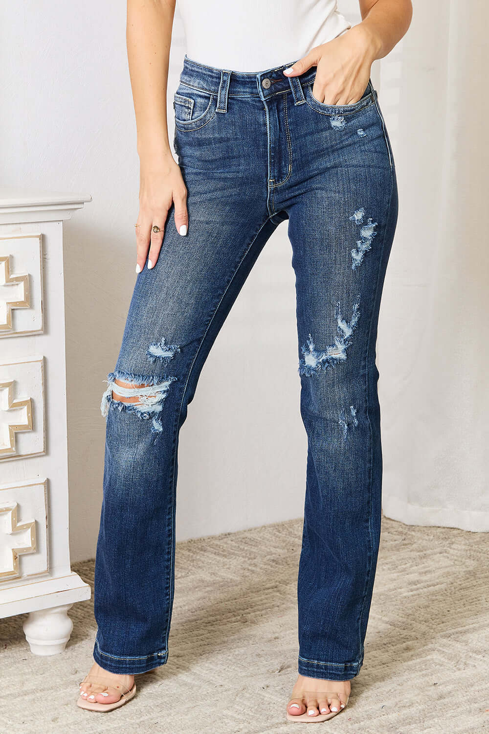 Trendsi Jeans Judy Blue Full Size Mid Rise Hand Sand & Destroy Bootcut Jeans Judy Blue Mid Rise Distressed Bootcut Jeans