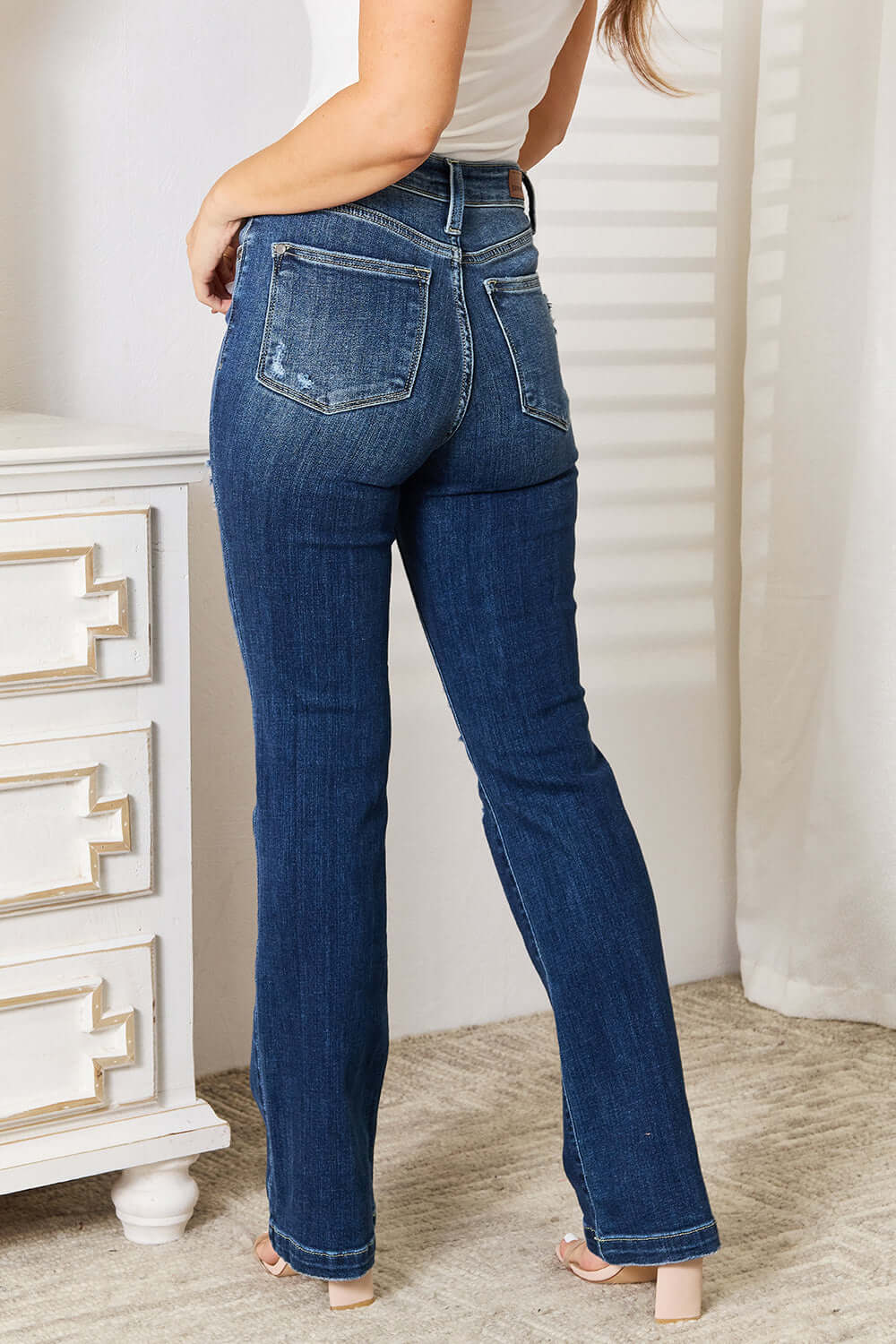 Trendsi Jeans Judy Blue Full Size Mid Rise Hand Sand & Destroy Bootcut Jeans Judy Blue Mid Rise Distressed Bootcut Jeans